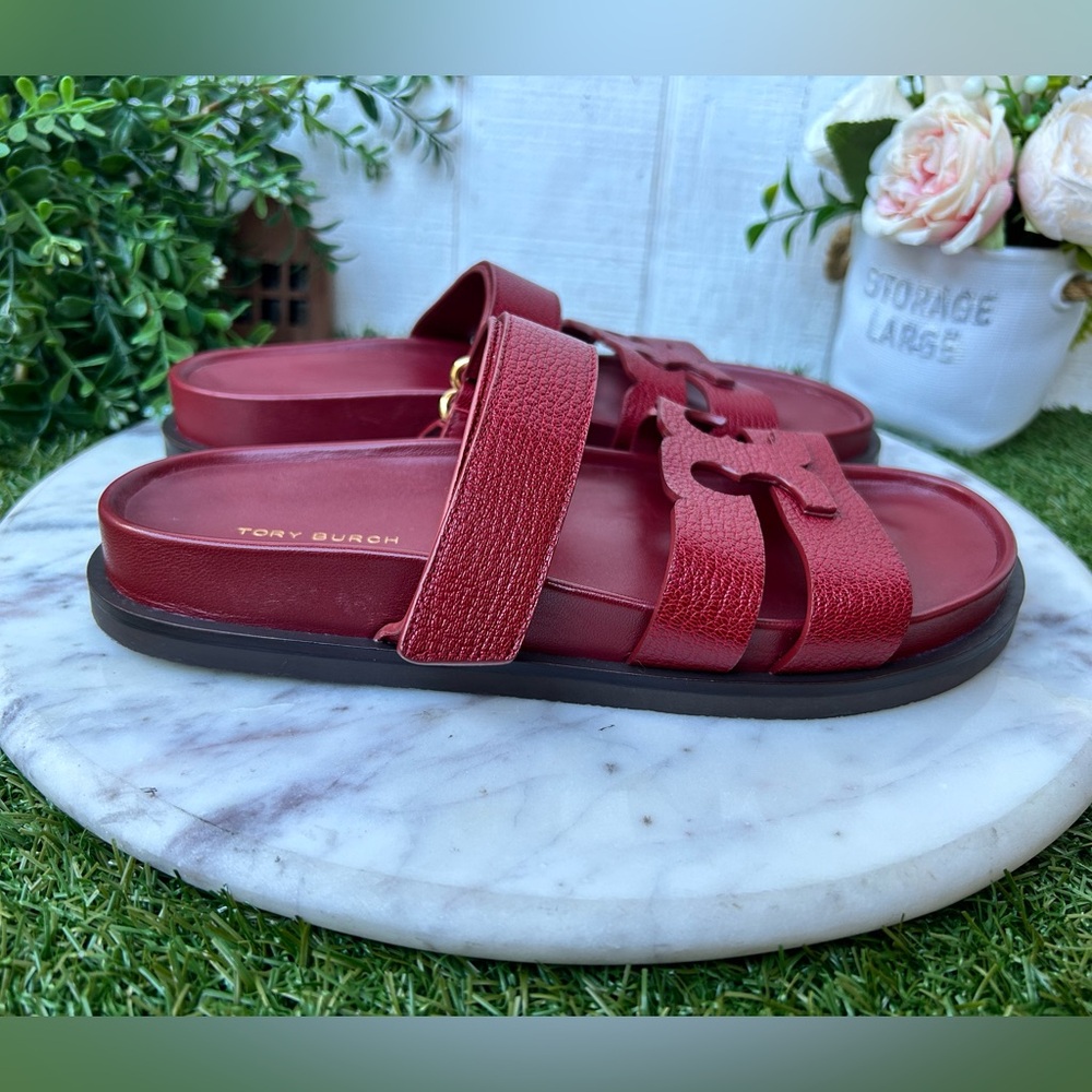 Tory Burch InesRed Leather Double-Strap Logo Slide Sandals - Picture 10 of 16